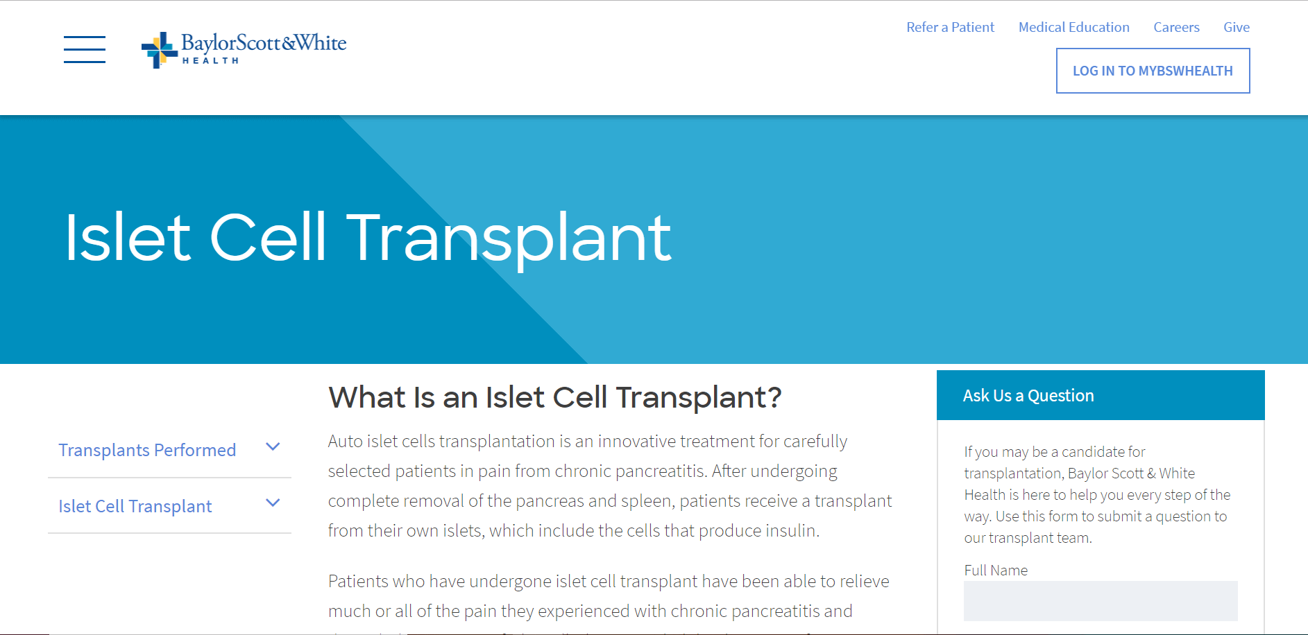 Baylor Scott and White Health, Islet Cell Transplant